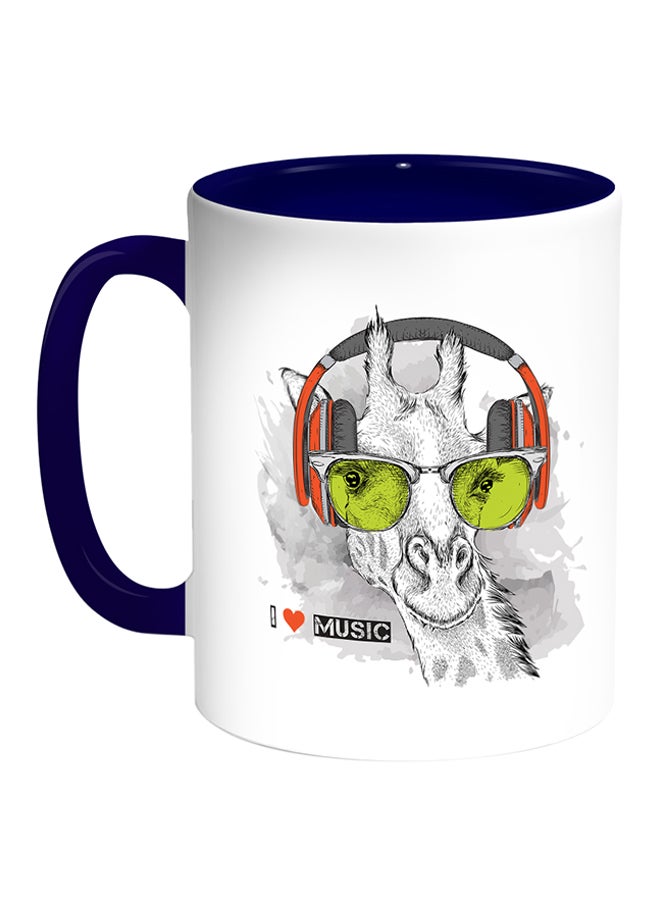مج قهوة مطبوعة عليه عبارة "I Love Music" أبيض/أزرق