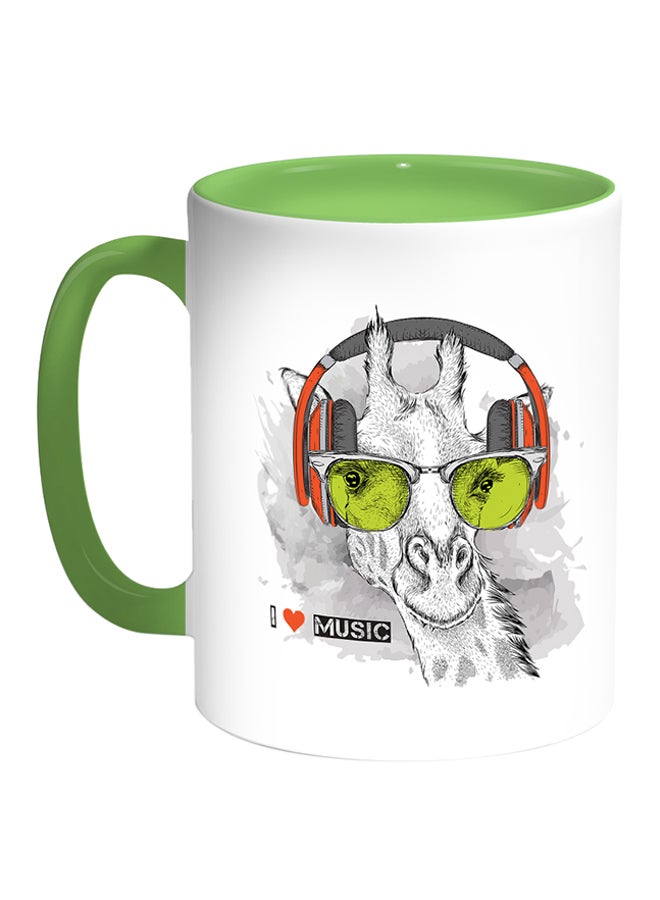 ديكالاك مج قهوة مطبوعة عليه عبارة "I Love Music" أبيض/أخضر