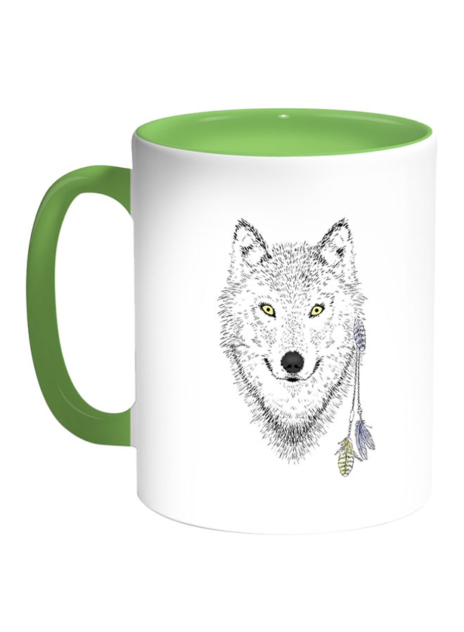 ديكالاك قدح قهوة مطبوع عليه رسم كرتوني لذئب أبيض/أخضر