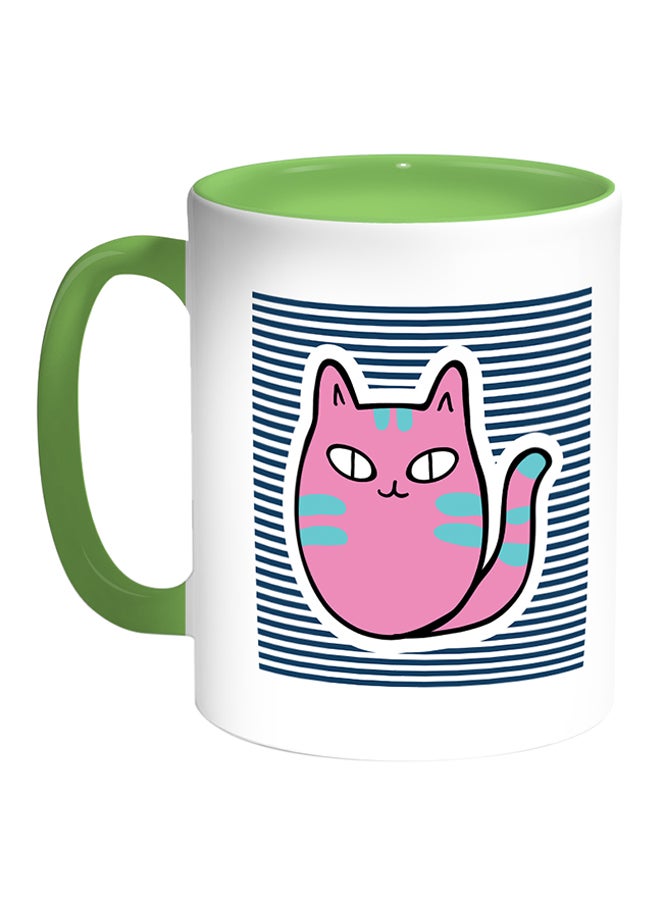 ديكالاك مج قهوة مطبوع عليه رسم كرتوني على شكل قطة أبيض/أخضر