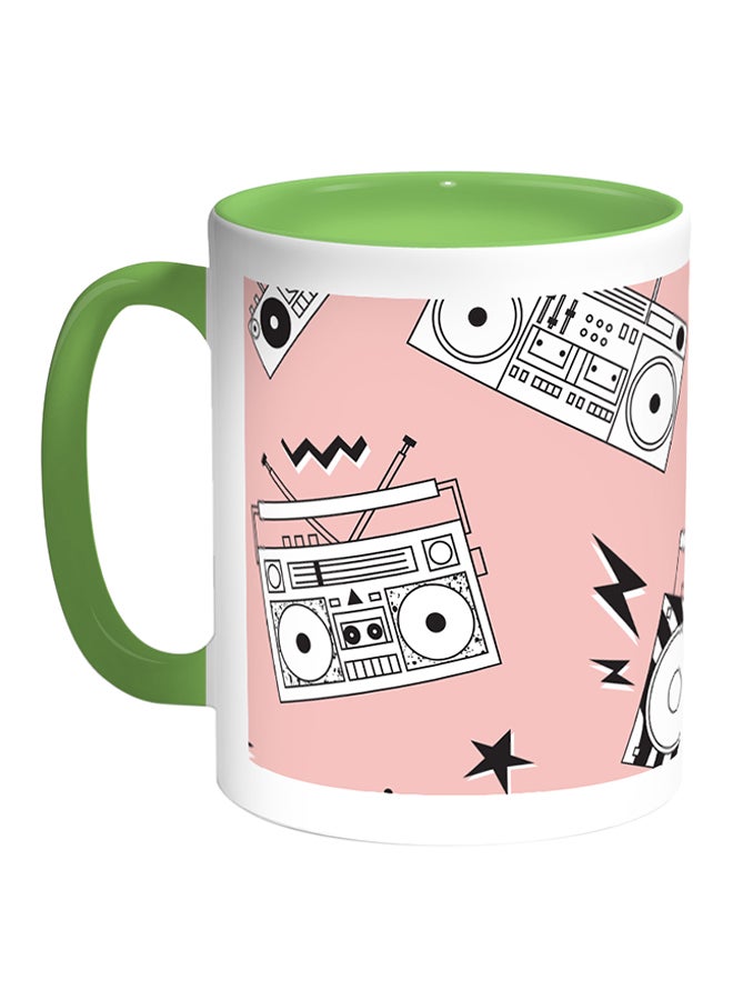 ديكالاك مج قهوة بطبعة على شكل مسجل ستيريو أبيض/أخضر