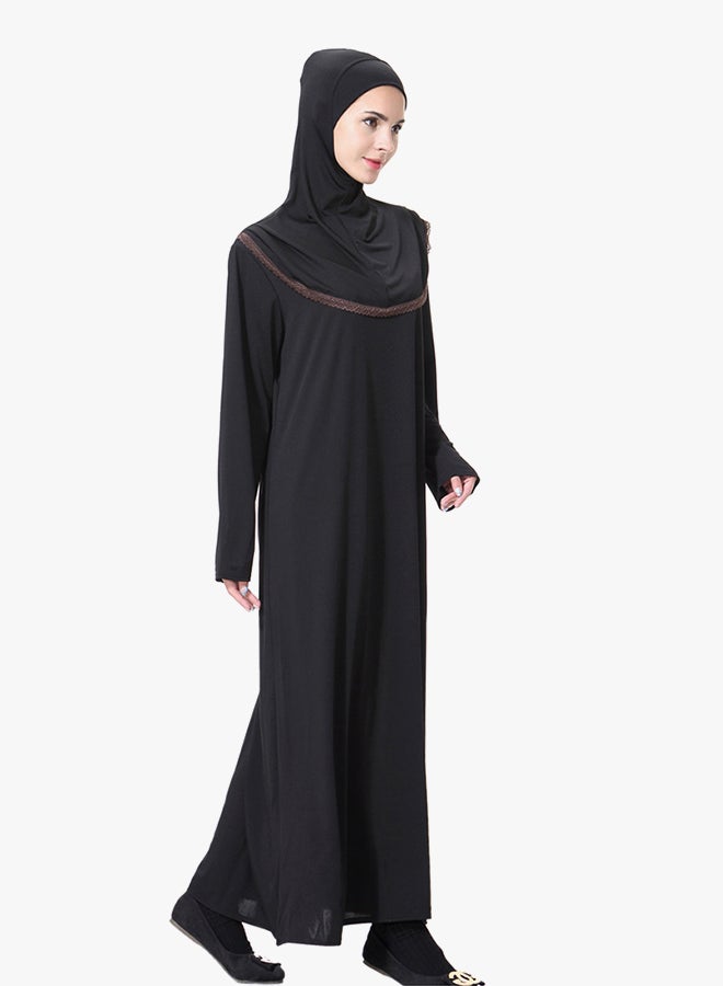 Long Sleeve Abaya With Sarf Black/Brown - Image 3