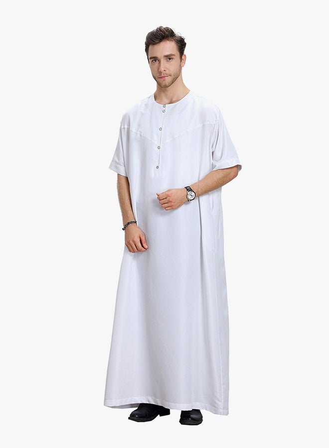 Short Sleeve Round Neck Jalabiya White - Image 3