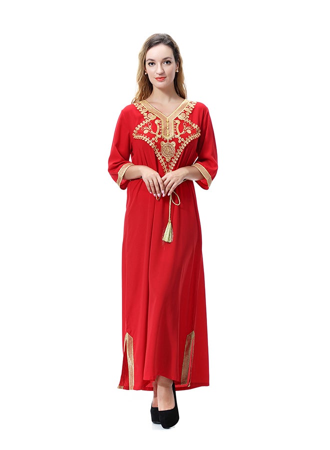 Embroidered Lace Jalabiya Red/Gold  - Image 1