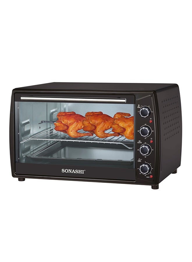 SONASHI - 63L Electric Oven with Convection and Rotisserie Function | Perfect for Grilling, Toasting, and Roasting | 4 Knobs and Temperature 100 - 250 Degrees | 60 Minute Timer with Bell | Accessories: Bake Tray, Wire Rack, Tray Handle, Tong 2200 W STO-732 Black - Image 1