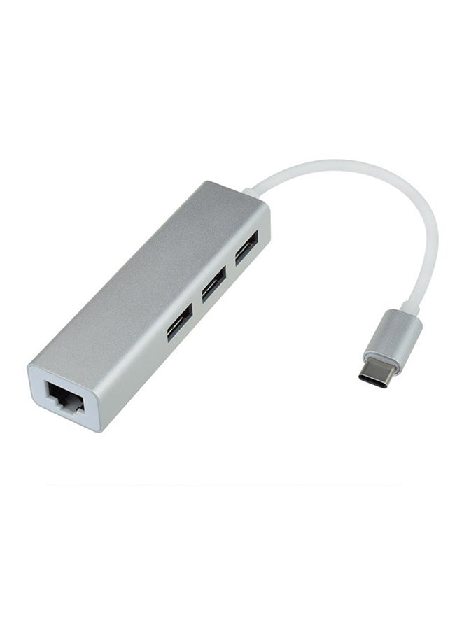 Voberry Portable USB-C To 3-Port USB Hub With Ethernet Adapter Silver/White - Image 1
