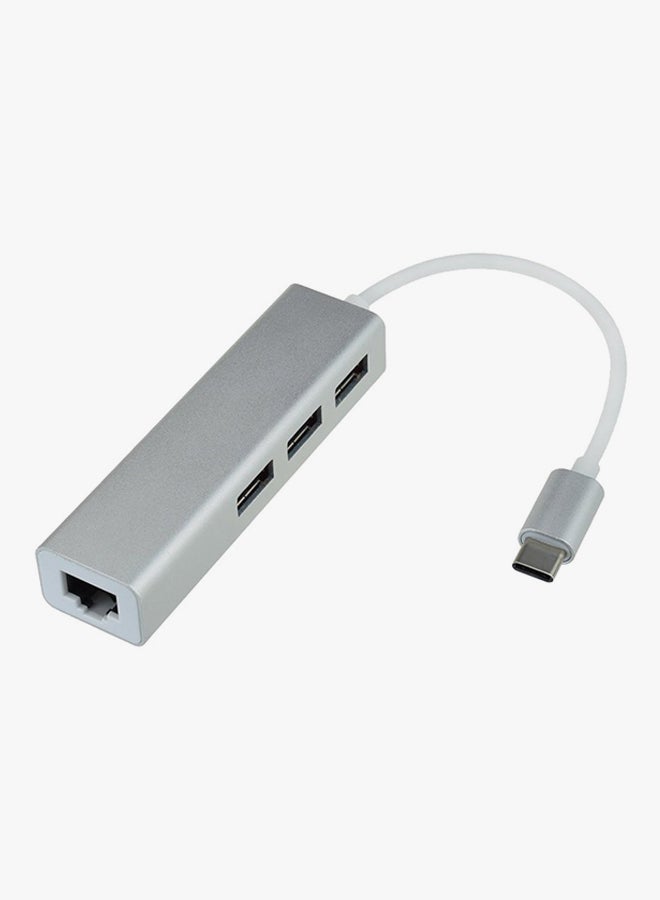 Voberry Portable USB-C To 3-Port USB Hub With Ethernet Adapter Silver/White - Image 3