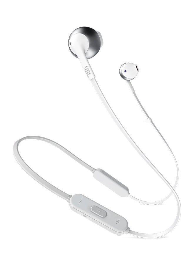Tune 205Bt Wireless In-Ear Headphones - Pure Bass Sound - 6H Battery - 3 Button Mic - Flat Cable - Comfort Fit Silver & White Silver & White