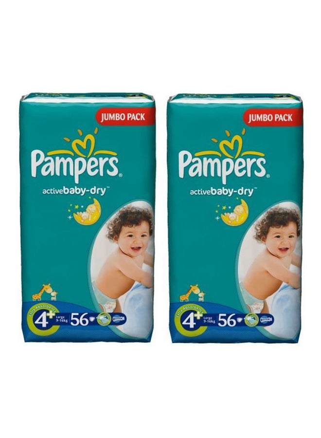 Pampers Pack of 2 Active Baby-Dry Diapers, Size 4 Plus (9-16 Kg), Double Jumbo Pack, 2x56 Count 