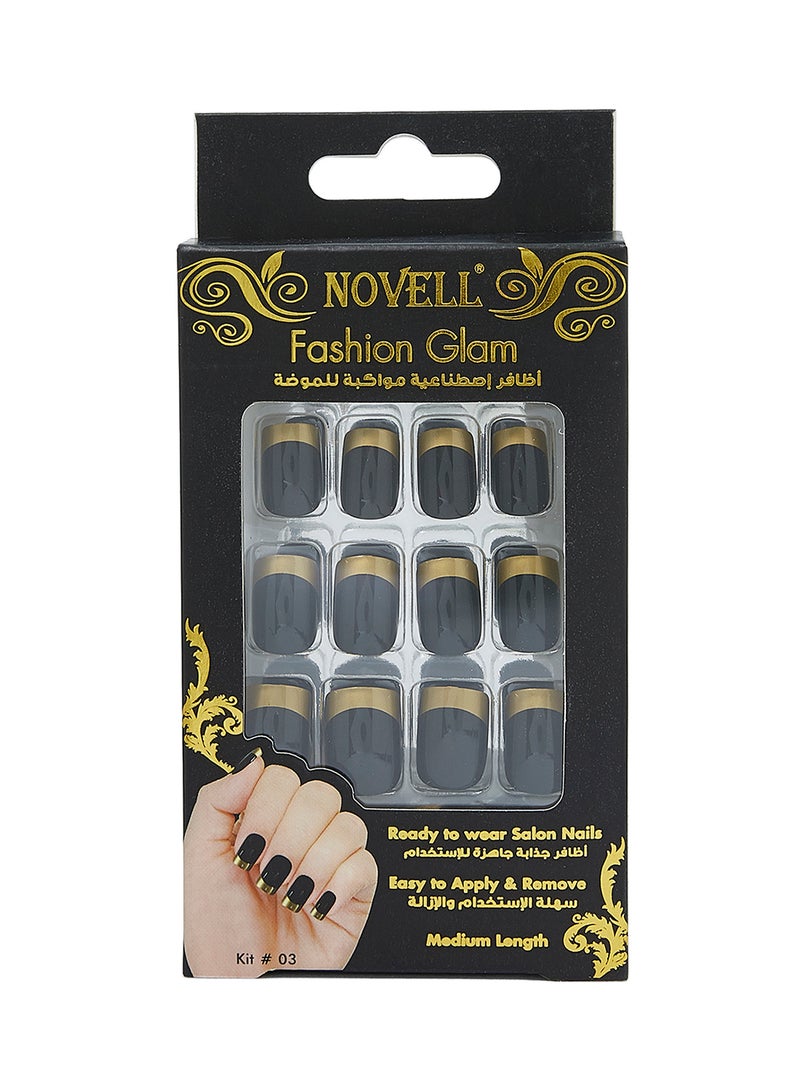 NOVELL 12-Piece Artificial Fashion Nail Kit Black/Gold