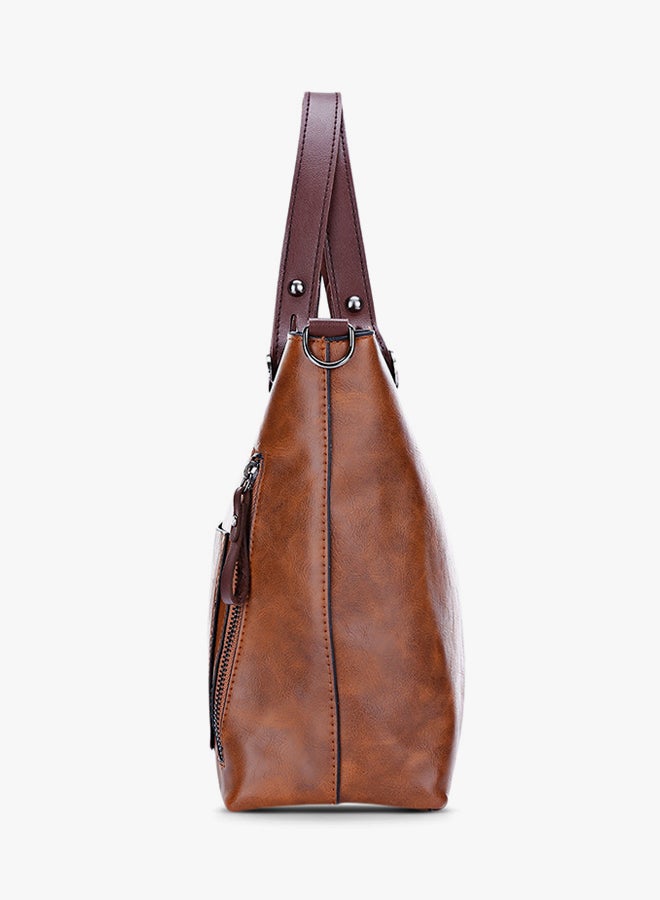 FASHION - Zipper Closure Shoulder Bag Brown - Image 1