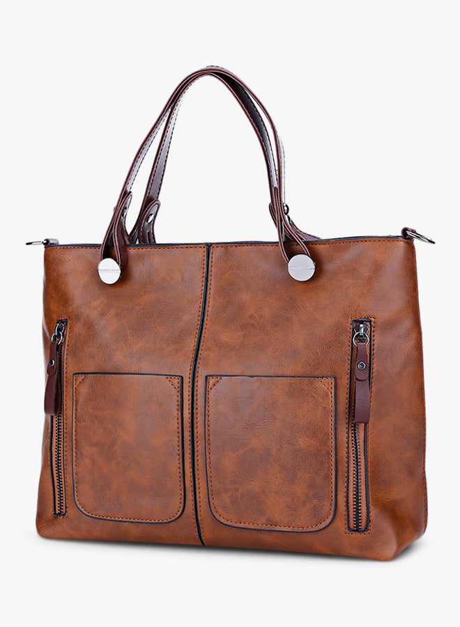 FASHION - Zipper Closure Shoulder Bag Brown - Image 1