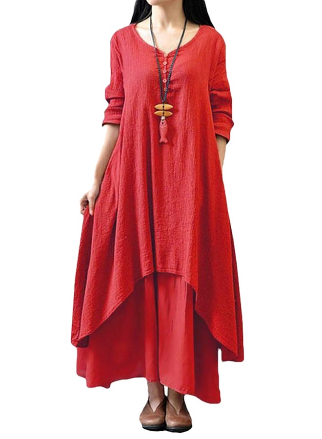 Romacci - New Fashion Solid Long Sleeves Boho Long Maxi Dress G8214R Red - Image 1