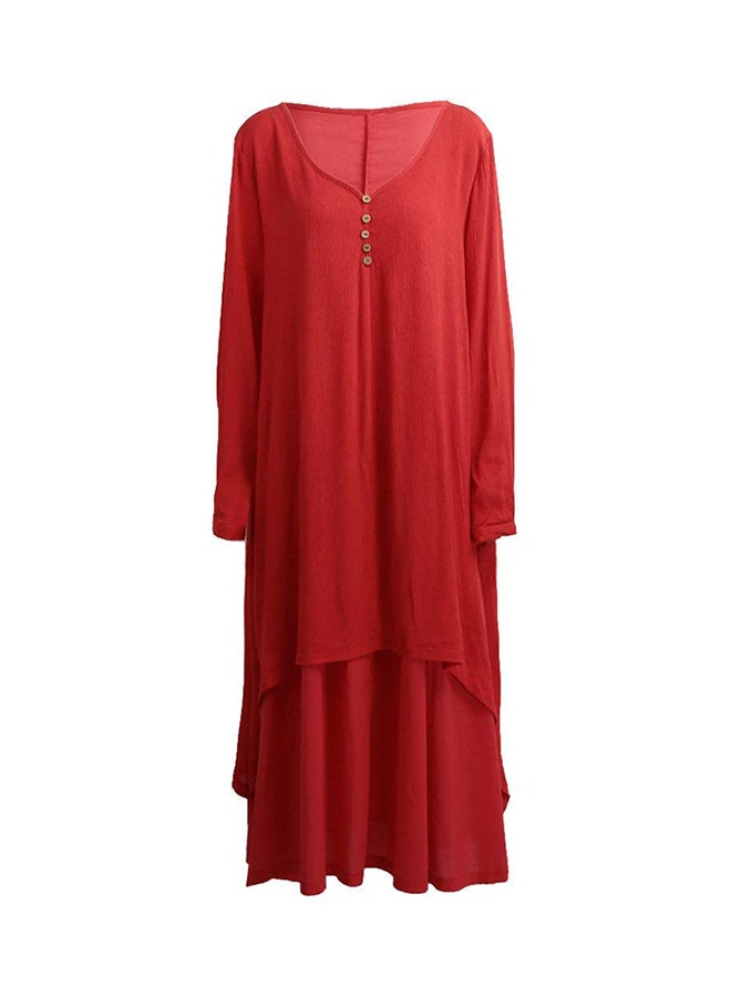 Romacci - New Fashion Solid Long Sleeves Boho Long Maxi Dress G8214R Red - Image 1