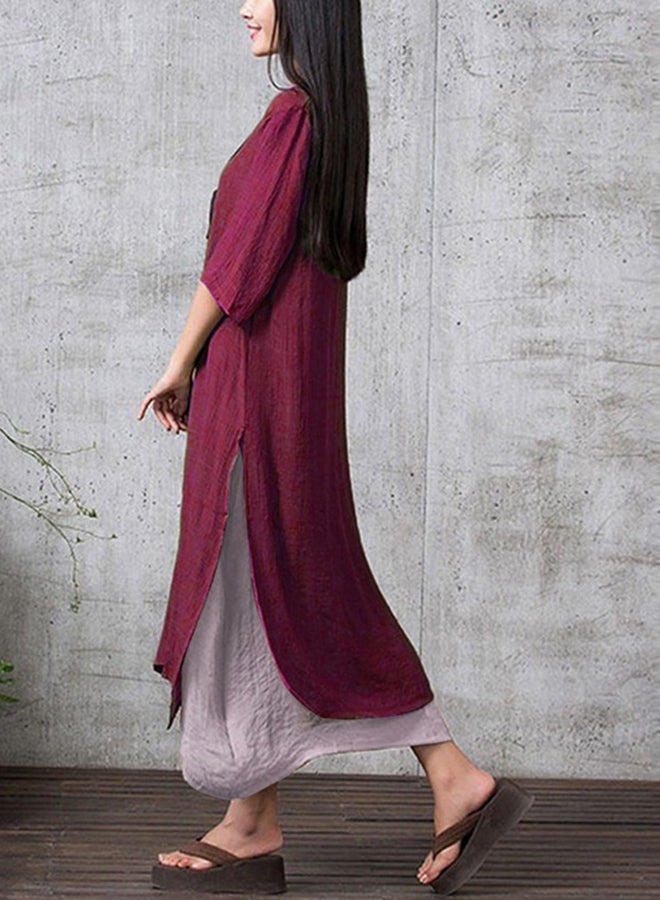 Romacci New Vintage Split Irregular Hem Loose Boho Long Maxi Dresses G8219BU Burgundy - Image 3