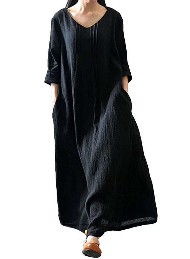Romacci Autumn Long Sleeves Cotton Retro Boho Maxi Dress G9543B Black - Image 1