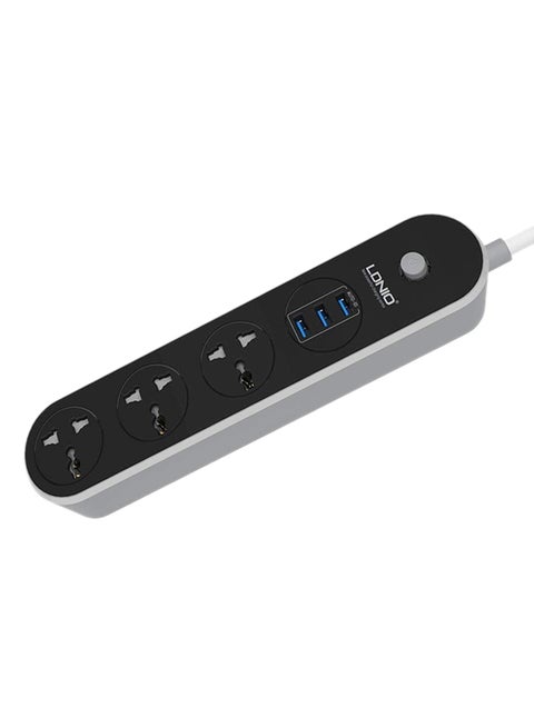 3-Sockets Surge Protector With Power Cord And USB Charging Port Black/White 1.6meter