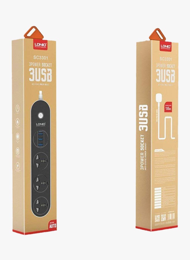 LDNIO - 3-Sockets Surge Protector With Power Cord And USB Charging Port Black/White 1.6meter - Image 1