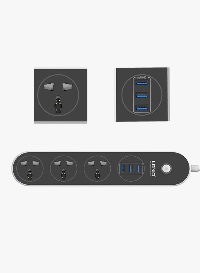 LDNIO - 3-Sockets Surge Protector With Power Cord And USB Charging Port Black/White 1.6meter - Image 1