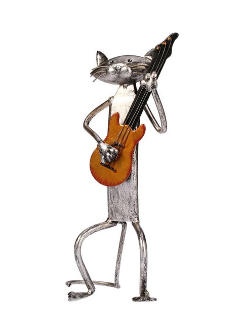 Metal Sculpture Of Cat Playing Guitar Silver 321grams
