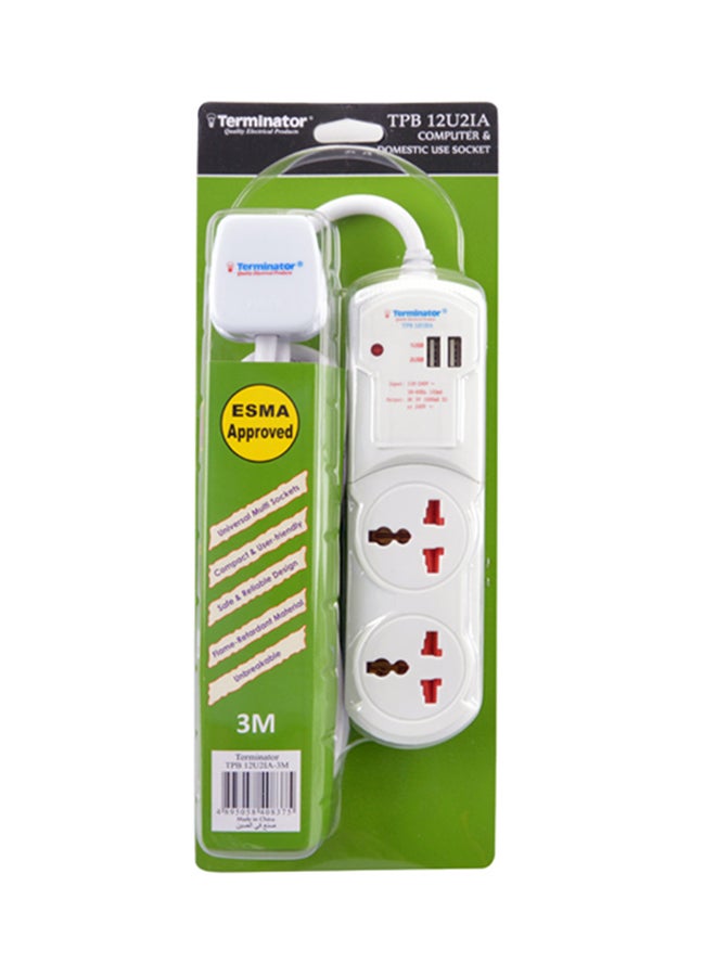 Terminator 2-Way Extension Socket With USB Port White 3meter  - Image 2