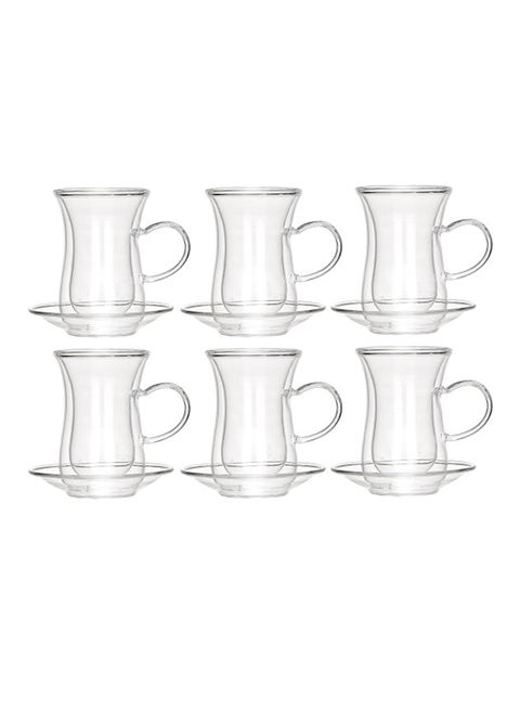 12-Piece Double Wall Tea Glass Set With Handle Clear 80ml