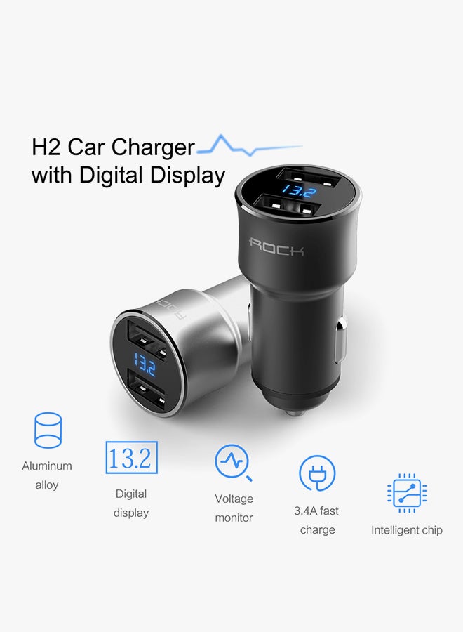 Rock Dual USB Port Car Charger Silver - Image 2