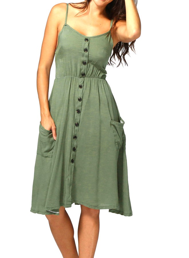 Buttons Solid Midi Dress Army Green  - Image 1