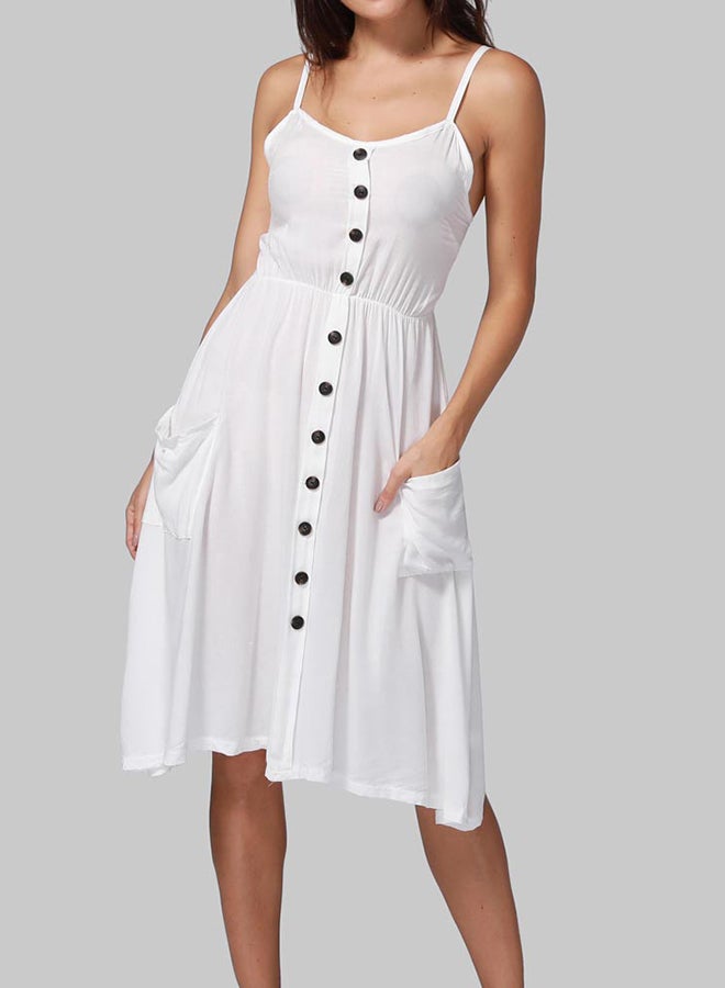 Buttons Solid Midi Dress White - Image 3