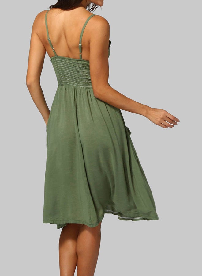 Buttons Solid Midi Dress Army Green  - Image 2