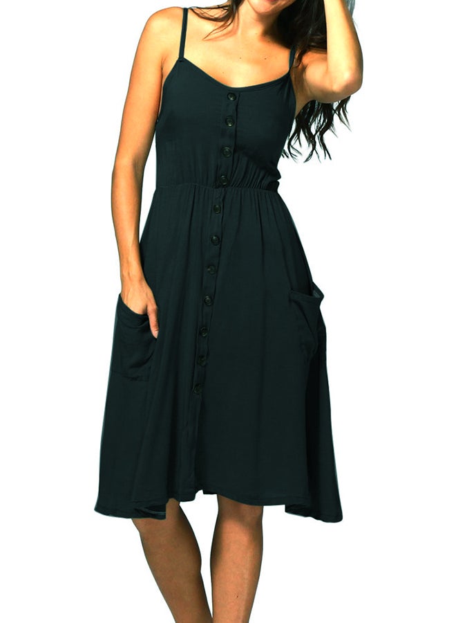 Buttons Solid Sleeveless Midi Dress Black  - Image 1