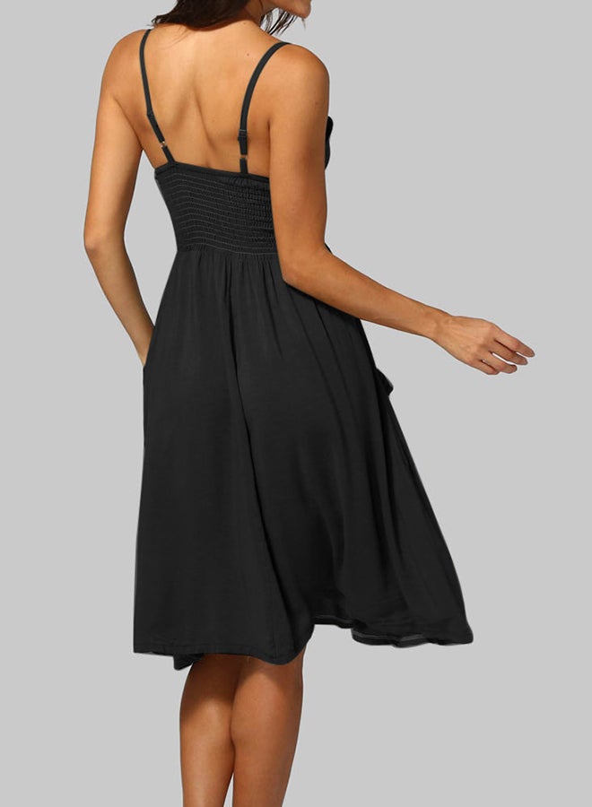 Buttons Solid Sleeveless Midi Dress Black  - Image 2