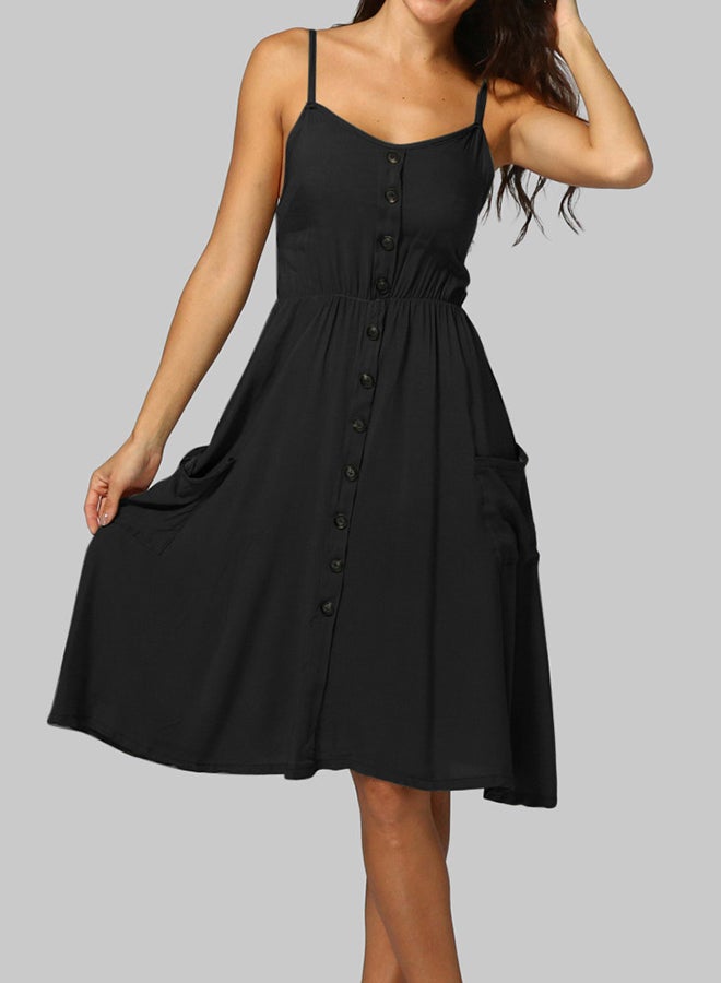 Buttons Solid Sleeveless Midi Dress Black  - Image 3