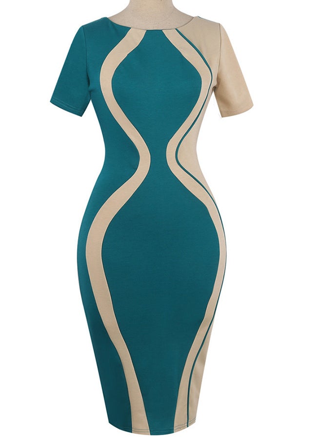 Bodycon Short Sleeve Midi Dress Green/Beige - Image 1