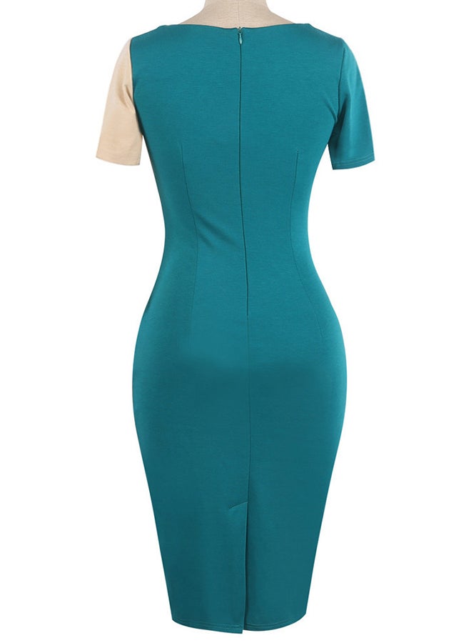 Bodycon Short Sleeve Midi Dress Green/Beige - Image 2