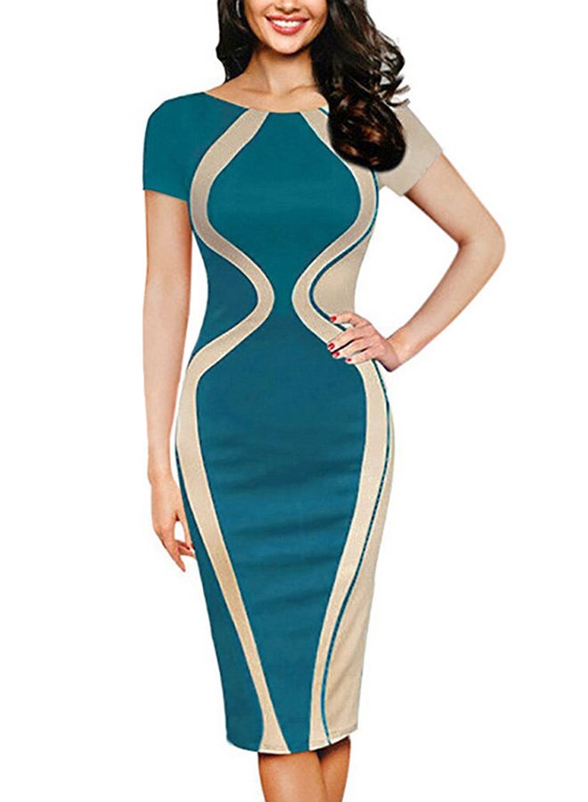 Bodycon Short Sleeve Midi Dress Green/Beige - Image 3