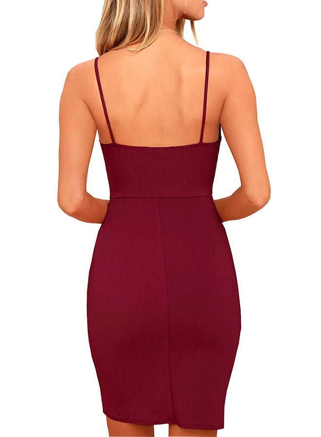 Deep V-Neck Bodycon Mini Dress Wine  - Image 2