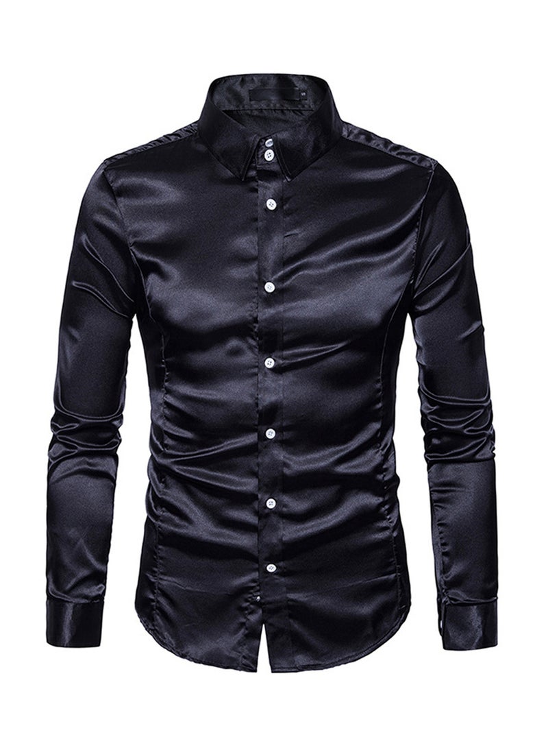 قميص كاجوال لامع بأكمام طويلة أسود - Image 1