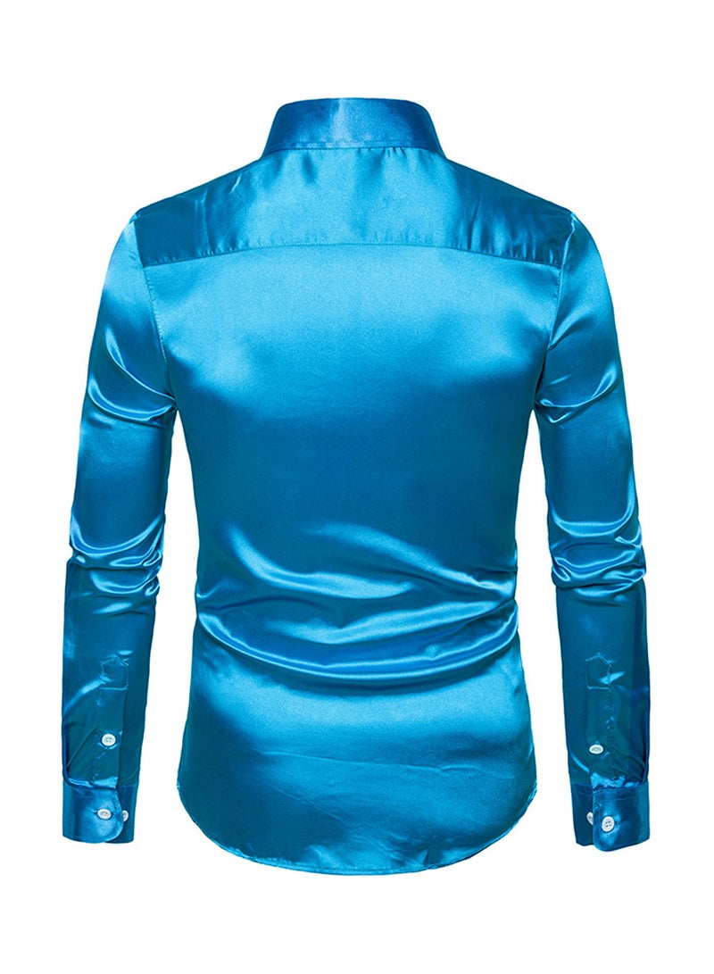 قميص كاجوال لامع بأكمام طويلة أزرق - Image 2