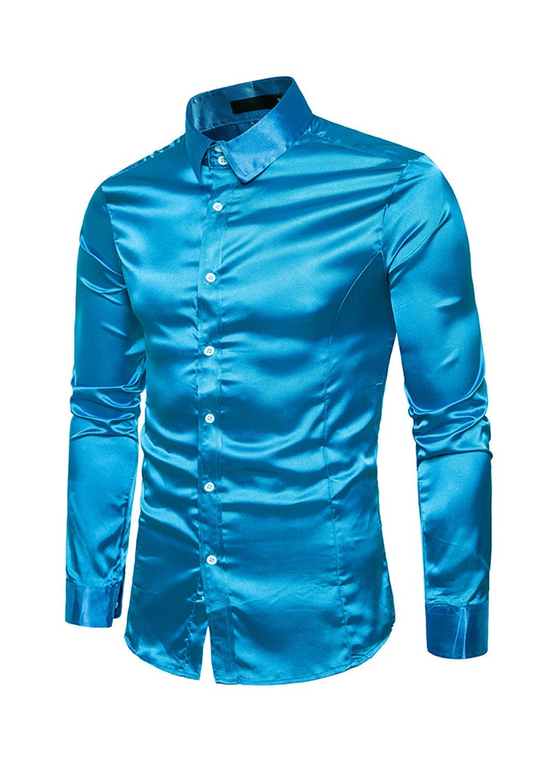 قميص كاجوال لامع بأكمام طويلة أزرق - Image 3