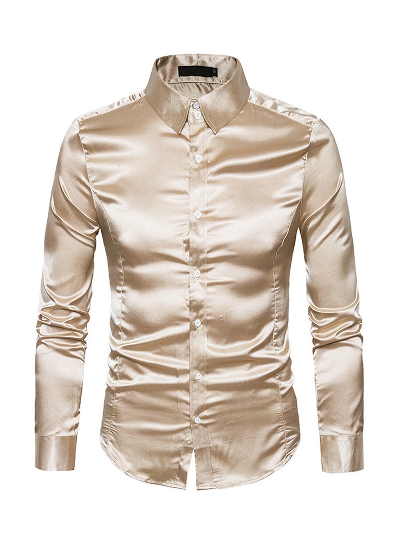 قميص كاجوال لامع بأكمام طويلة بيج - Image 1