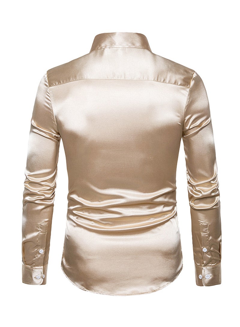 قميص كاجوال لامع بأكمام طويلة بيج - Image 2