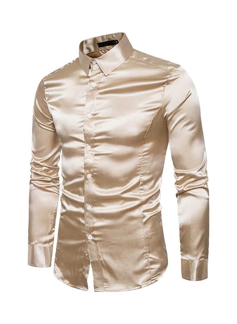 قميص كاجوال لامع بأكمام طويلة بيج - Image 3