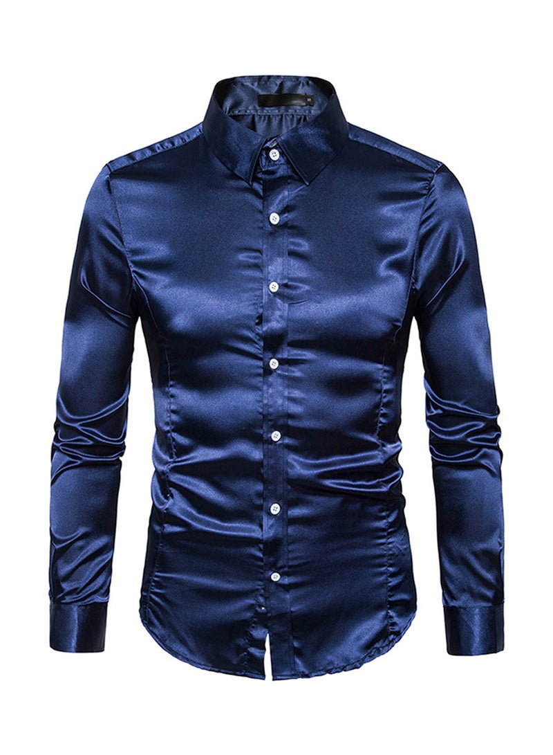 قميص كاجوال لامع بأكمام طويلة أزرق داكن - Image 1