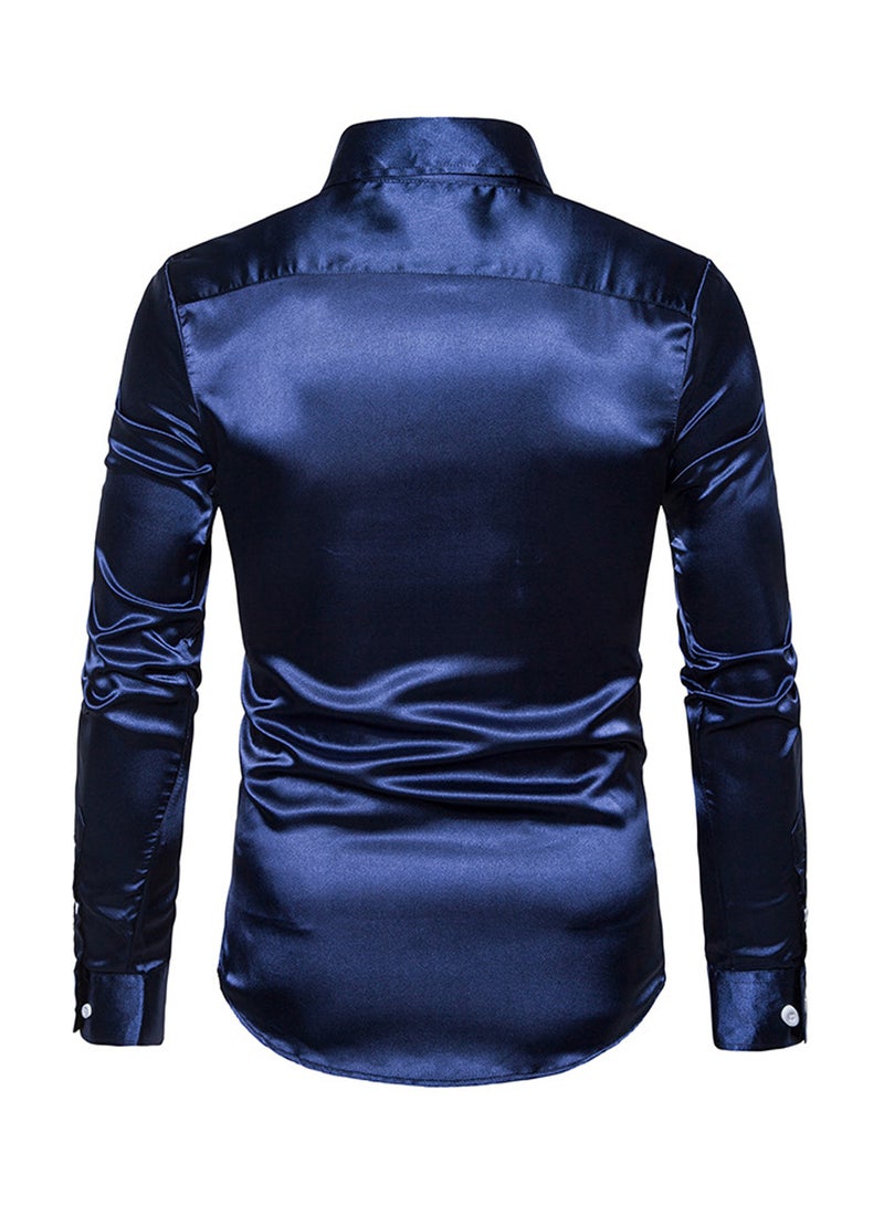 قميص كاجوال لامع بأكمام طويلة أزرق داكن - Image 2