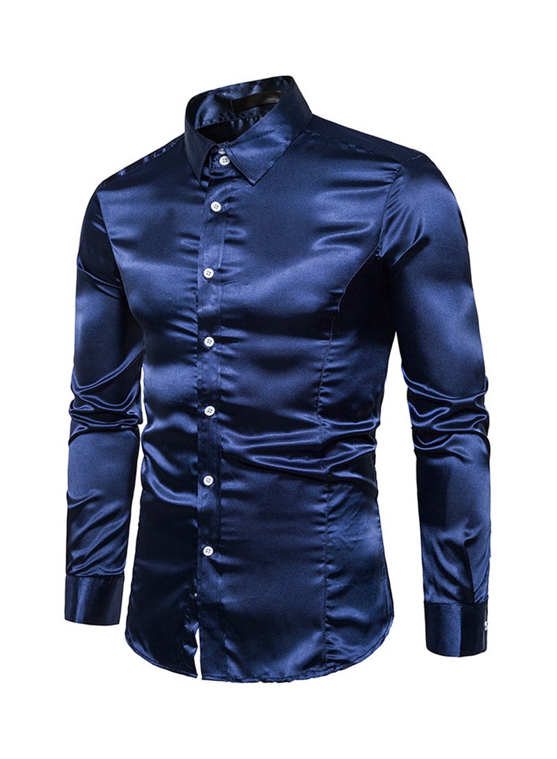 قميص كاجوال لامع بأكمام طويلة أزرق داكن - Image 3
