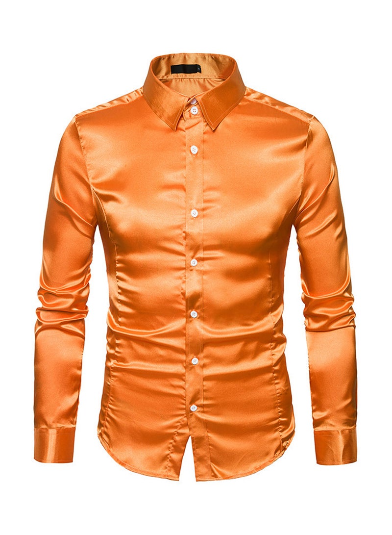 Casual Glossy Long Sleeve Lapel Shirt Orange  - Image 1