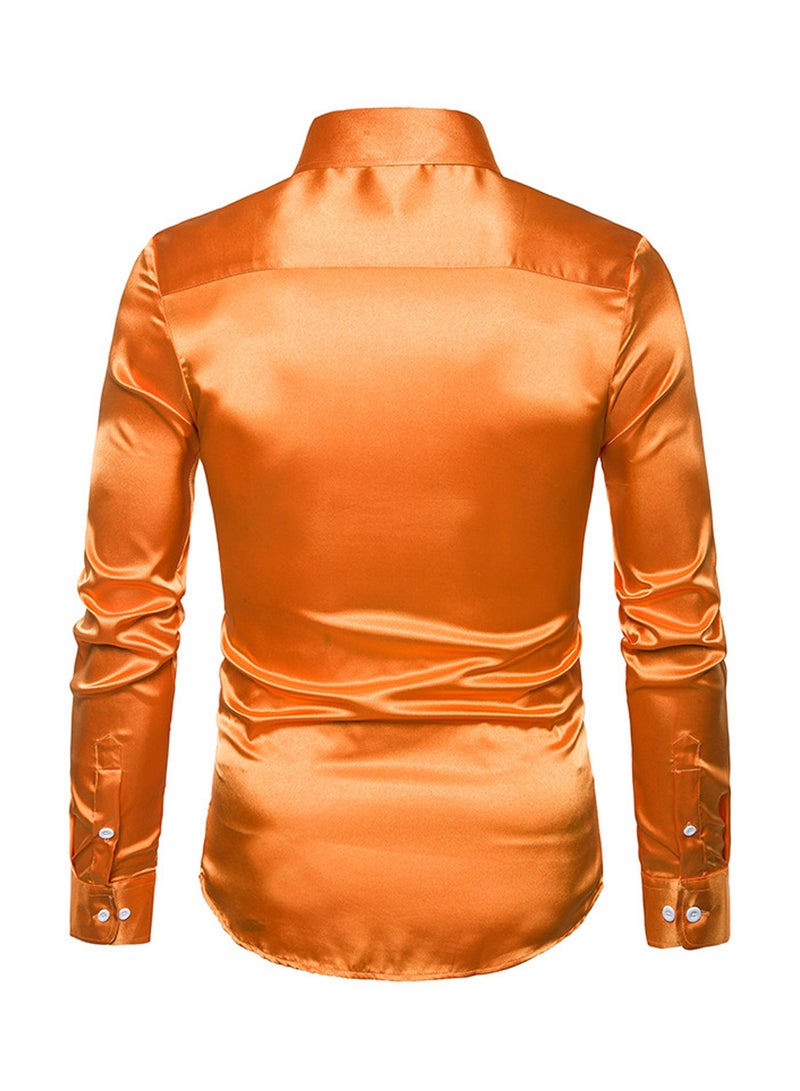 Casual Glossy Long Sleeve Lapel Shirt Orange  - Image 2