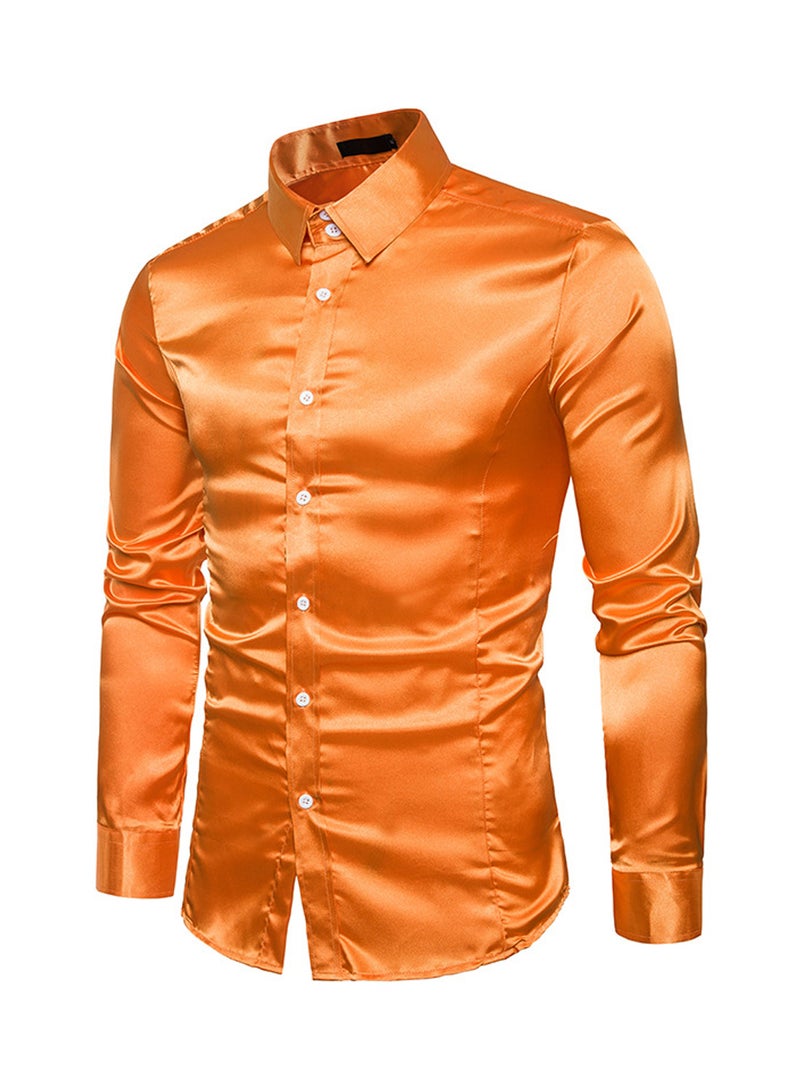 Casual Glossy Long Sleeve Lapel Shirt Orange  - Image 3