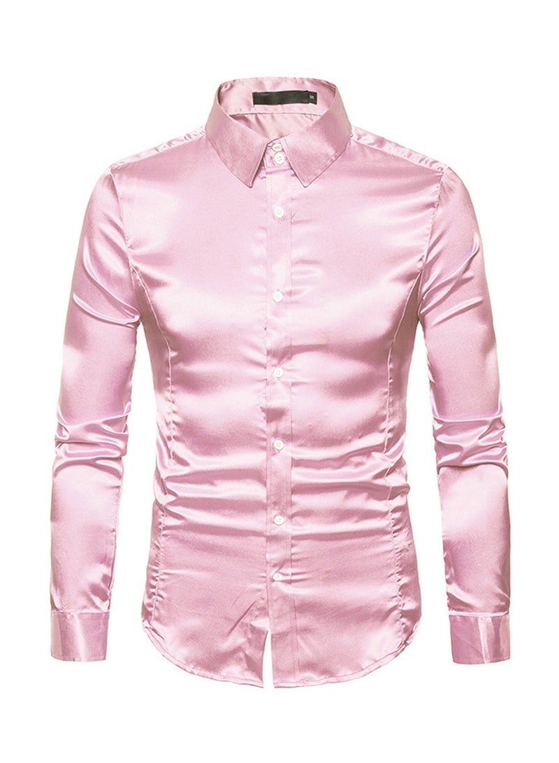 Casual Glossy Long Sleeve Lapel Shirt Pink - Image 1